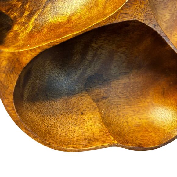Carved wood 3-section snack serving tray bowl & matching mini wooden spoons set - Picture 7 of 8